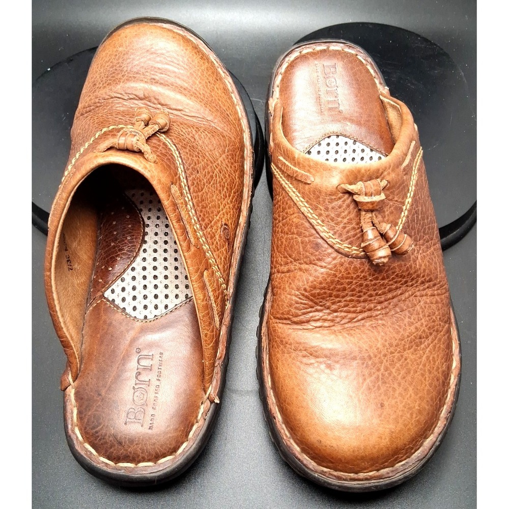 Born Women's Size 7/38 Classic Brown Leather Clogs Mules Slip on Shoes "Quality"